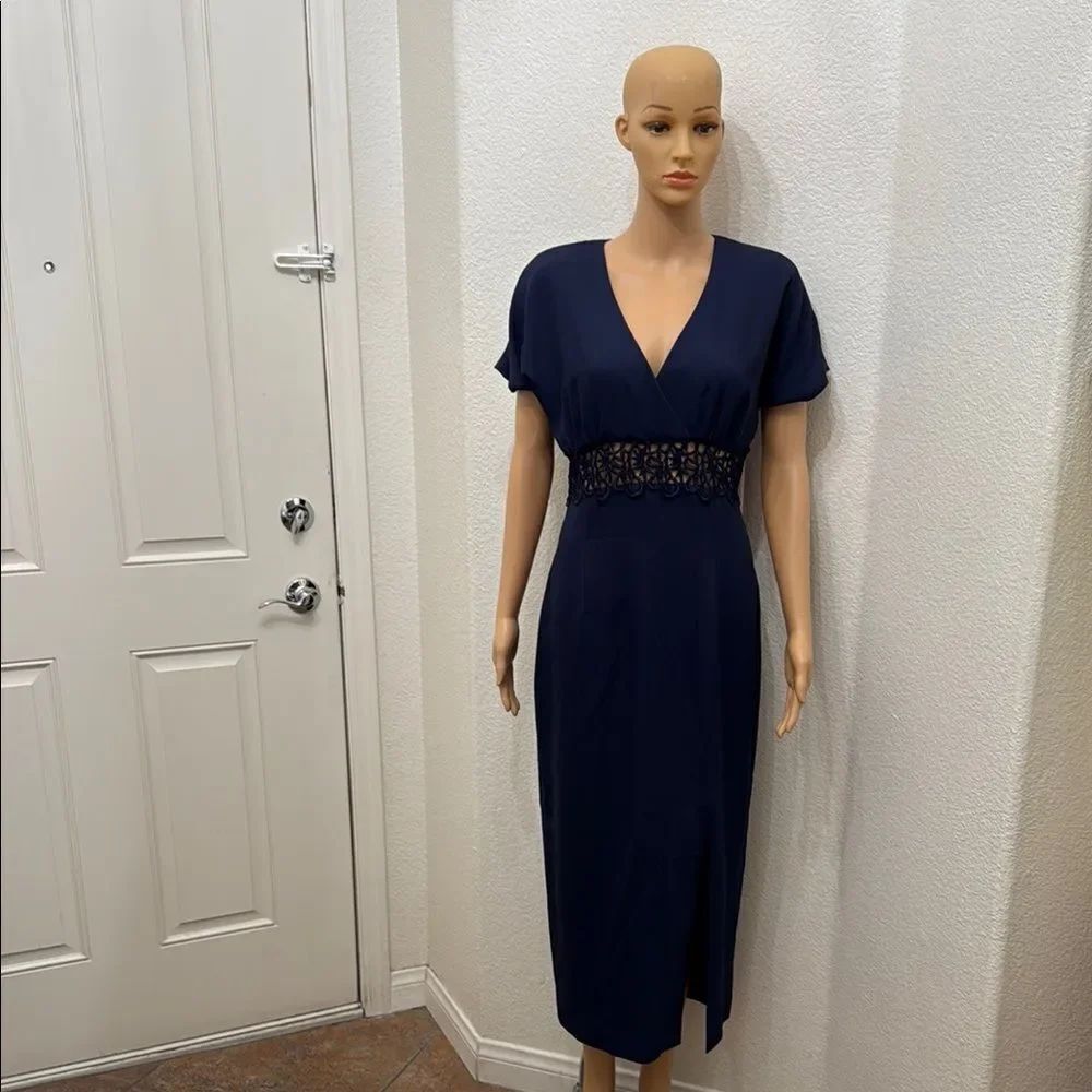 Datiani Navy Blue Midi Sheath Dress Sz 8 VNeck Crotchet Waist Short Sleeve